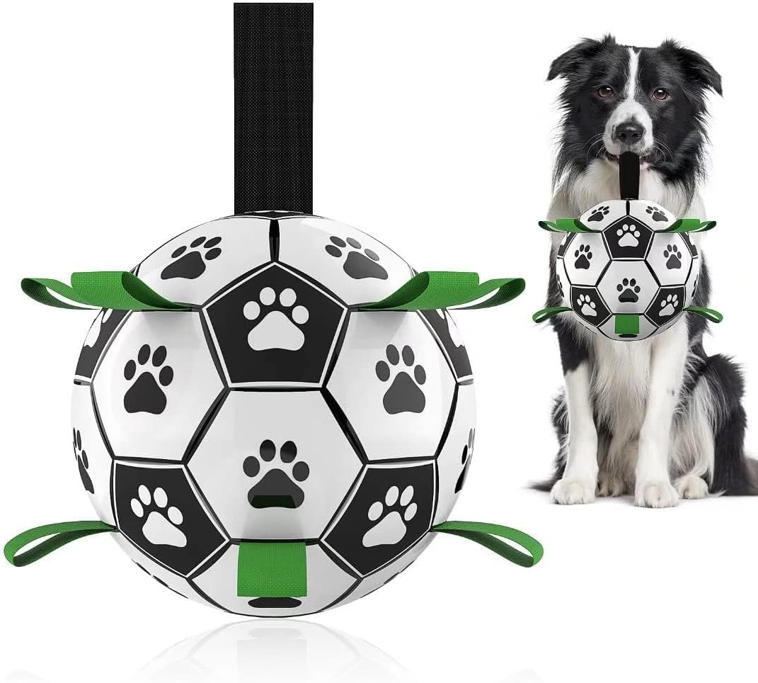 QDAN Dog Toys Soccer Ball with Straps, Interactive Dog Toys for Tug of War, Puppy Birthday Gifts, Dog Tug Toy, Dog Water Toy, Durable Dog Balls World Cup for Small & Medium Dogs（6 Inch）