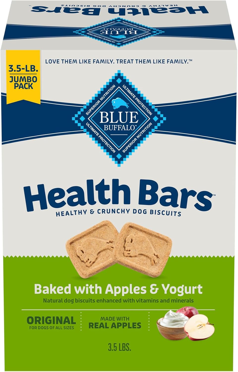 Blue Buffalo Health Bars Crunchy Dog Biscuits, Oven-Baked With Natural Ingredients, Apples & Yogurt, 3-lb. Box