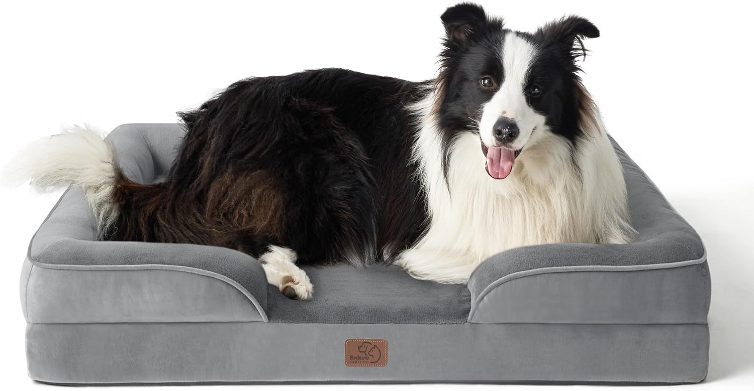 Bedsure Orthopedic Dog Bed for Large Dogs - Big Washable Dog Sofa Beds Large, Supportive Foam Pet Couch Bed with Removable Washable Cover, Waterproof Lining and Nonskid Bottom, Grey