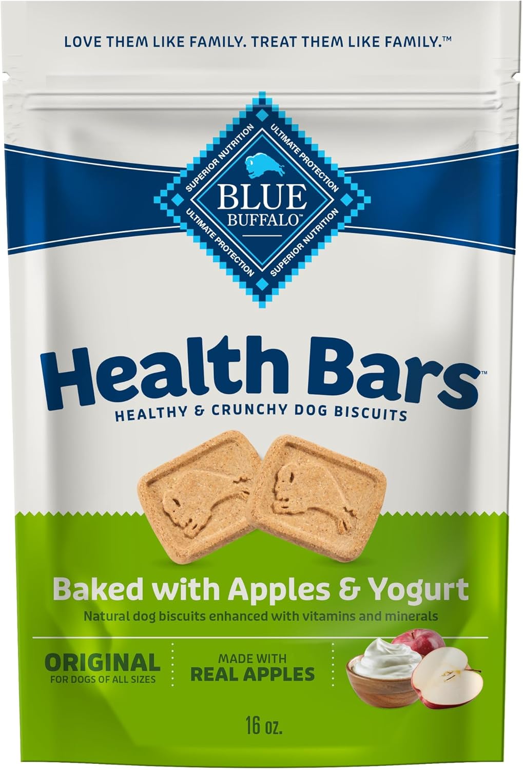 Blue Buffalo Health Bars Natural Crunchy Dog Treats Biscuits, Apple & Yogurt 16-oz Bag