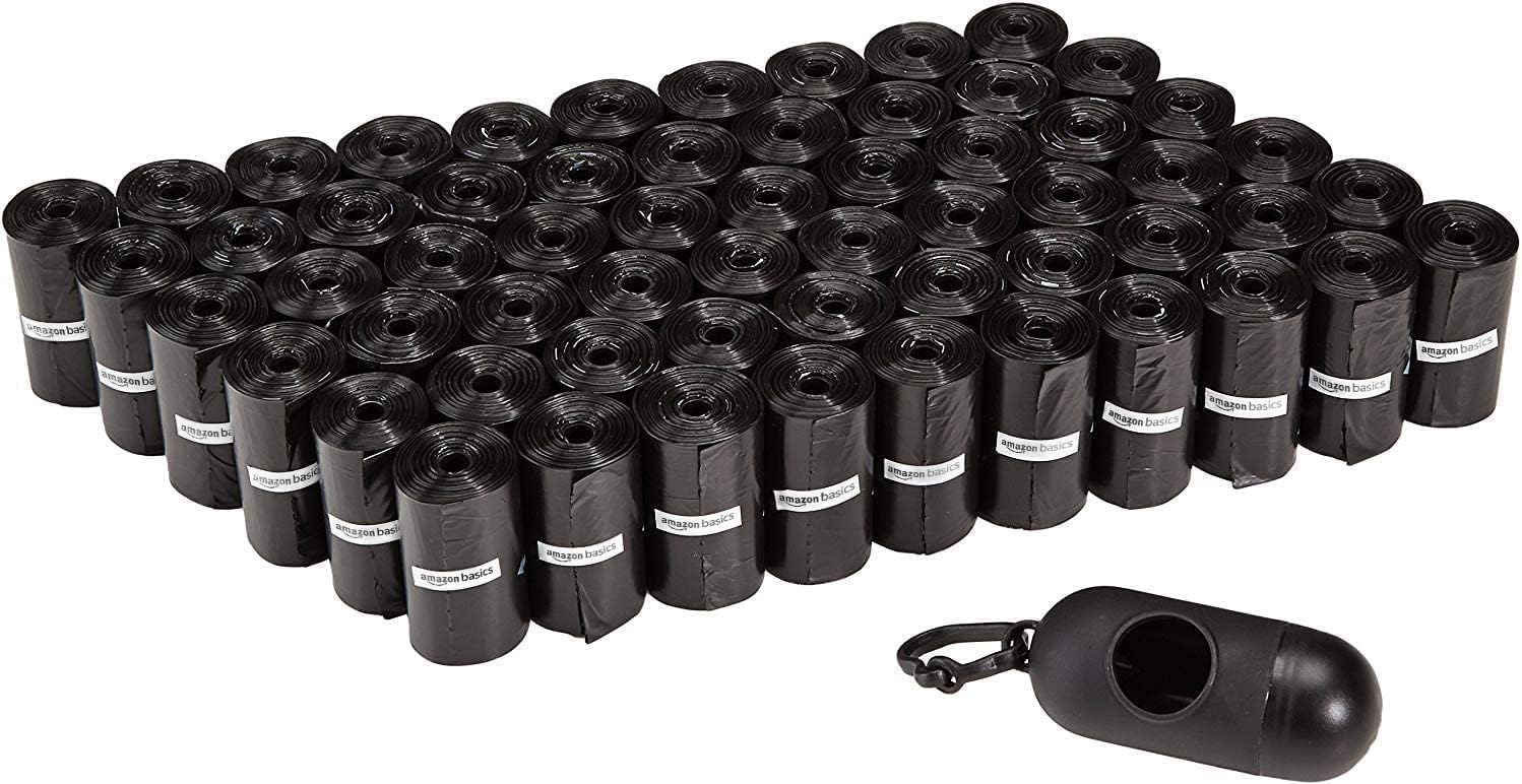 Amazon Basics Dog Poop Leak Proof Bags With Dispenser and Leash Clip, Unscented, 300 Count, 20 Pack of 15, Black, 13 Inch x 9 Inch