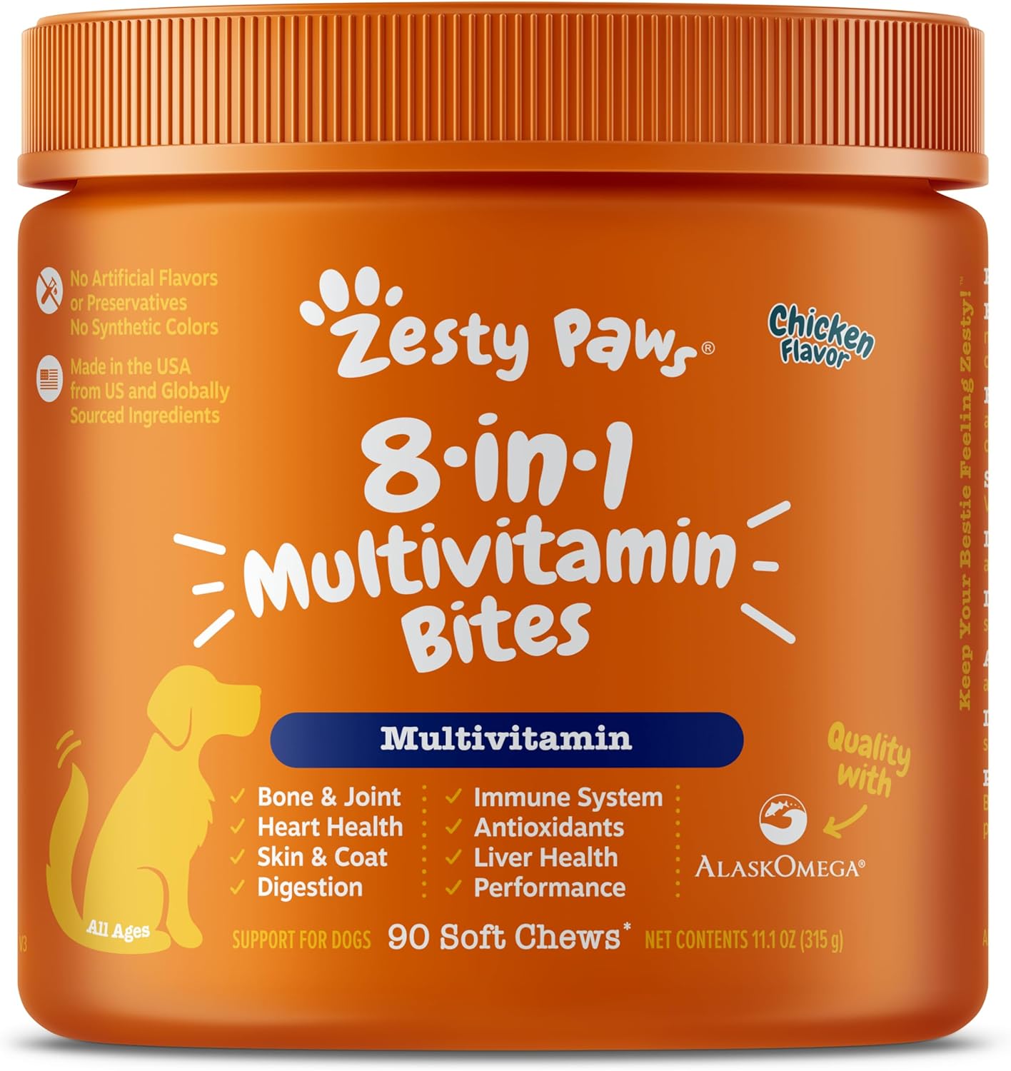 Zesty Paws Multivitamin Treats for Dogs - Glucosamine Chondroitin for Joint Support + Digestive Enzymes & Probiotics - Grain Free Dog Vitamin for Skin & Coat + Immune Health - Chicken Flavor - 90ct