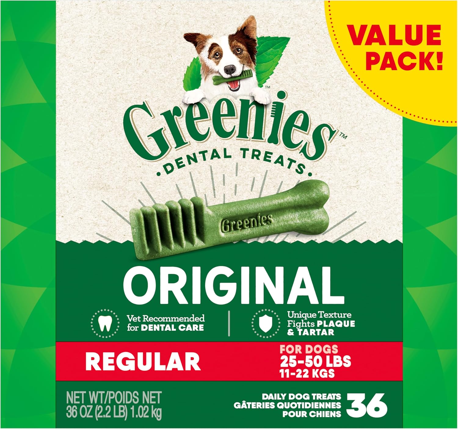 Greenies Original Regular Natural Dog Dental Care Chews Oral Health Dog Treats, 36 count (Pack of 1)