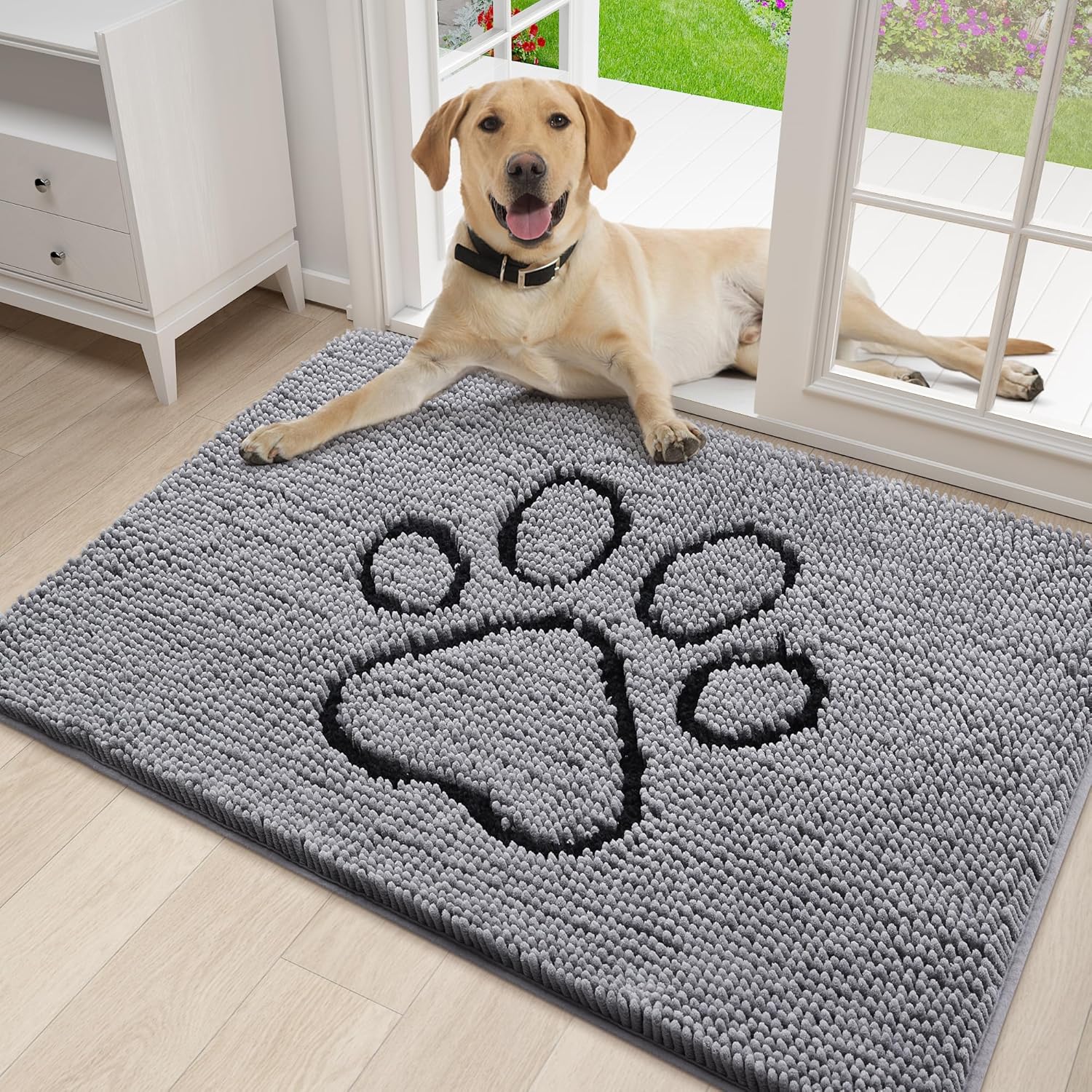 Smiry Dog Door Mat for Muddy Paws, Absorbent Dirt Trapper Non-Slip Washable Mat, Quick Dry Chenille, Mud Mat for Dogs, Entry Indoor Door Mat for Inside Floor (30x20 Inches, Grey)