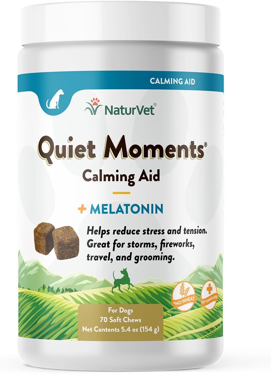 NaturVet Quiet Moments Calming Aid Dog Supplement – Helps Promote Relaxation, Reduce Stress, Storm Anxiety, Fireworks, Motion Sickness for Dogs – Tasty Pet Soft Chews with Melatonin – 70 Ct.