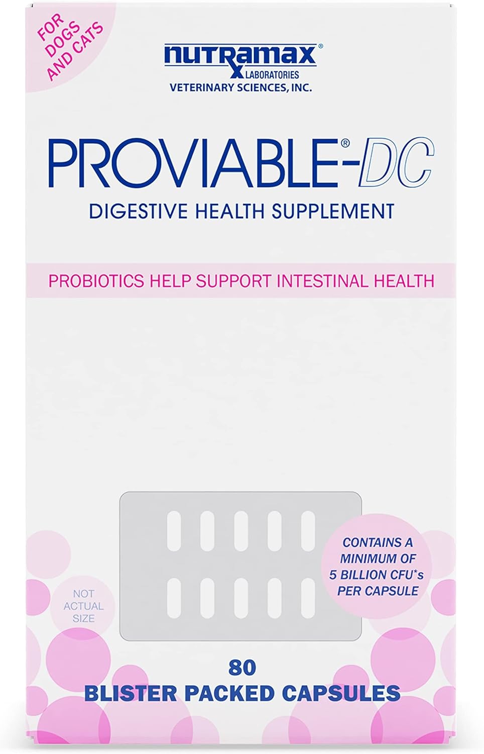 Nutramax Proviable Digestive Health Supplement Multi-Strain Probiotics and Prebiotics for Cats and Small Dogs - With 7 Strains of Bacteria, 80 Capsules