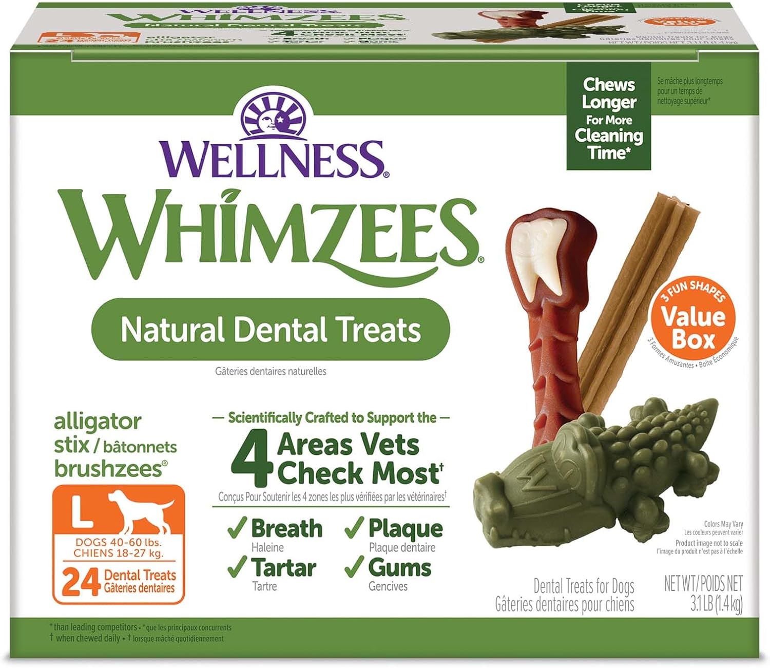 WHIMZEES by Wellness Long lasting Dog Chews Value Box: All Natural Grain Free Treats to Help Clean Teeth & Reduce Plaque & Tartar - for Dogs 40-60 Lbs - 24 Count