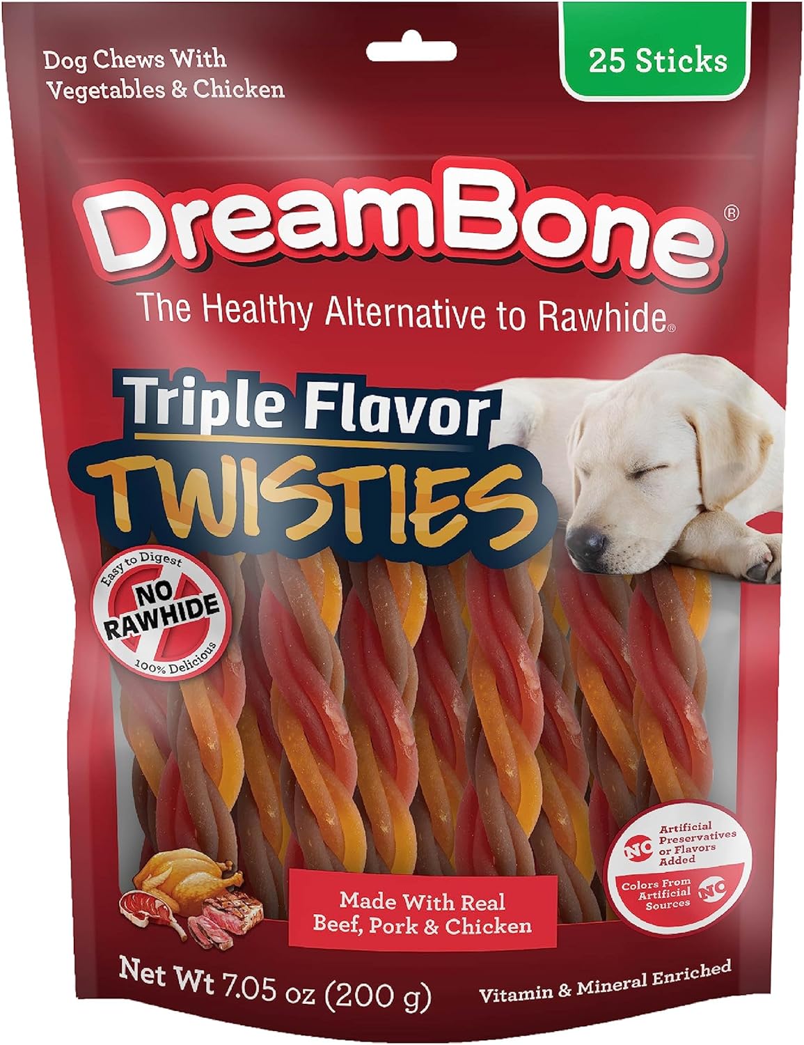 Dreambone Triple Flavor Twisties, 25 Count, Rawhide-Free Dog Chews Made with Real Beef, Pork & Chicken, 7.05 Ounce (Pack of 1)