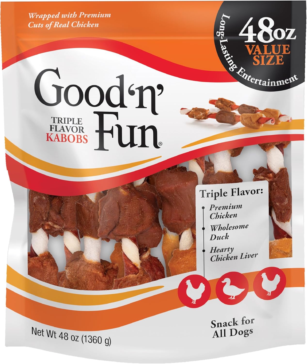 Good'n'Fun Triple Flavor Kabobs 48 Ounce, Rawhide Snack for All Dogs